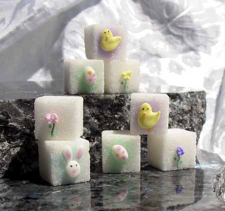 Decorated sugar cubes with Easter bunnies, eggs, flowers, and chicks